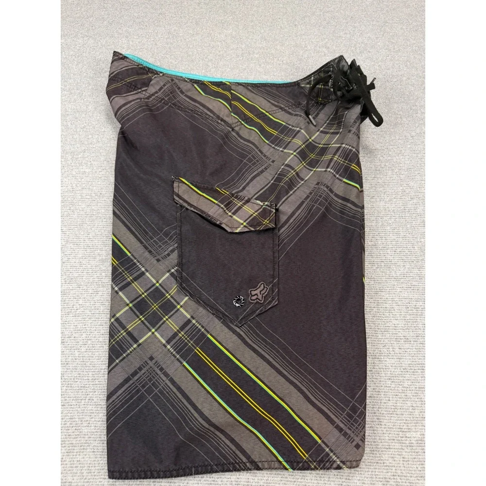 Fox Racing Mens Plaid Board Shorts Size 34 Gray Neon Green Cargo Pocket Swimwear